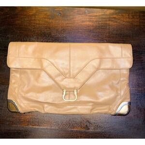 Lou‎ Taylor Tan Leather Oversized Envelope Clutch Bag Italy Oval Lipstick Mirror